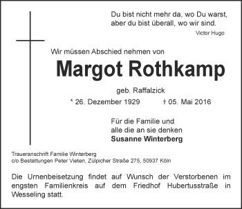 Anzeige von Margot Rothkamp von  Schlossbote/Werbekurier 
