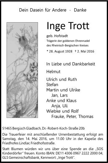 Anzeige von Inge Trott von Kölner Stadt-Anzeiger / Kölnische Rundschau / Express