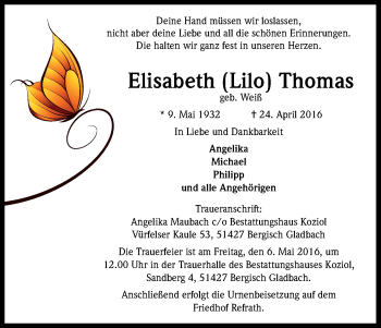 Anzeige von Elisabeth Thomas von Kölner Stadt-Anzeiger / Kölnische Rundschau / Express