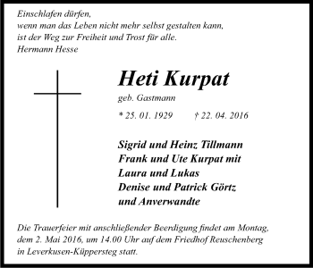 Anzeige von Heti Kurpat von Kölner Stadt-Anzeiger / Kölnische Rundschau / Express