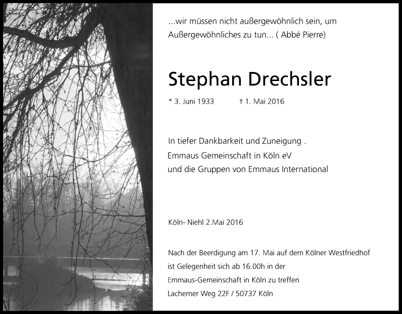  Traueranzeige für Stephan Drechsler vom 07.05.2016 aus Kölner Stadt-Anzeiger / Kölnische Rundschau / Express