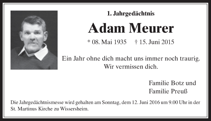  Traueranzeige für Adam Meurer vom 01.06.2016 aus  Werbepost 