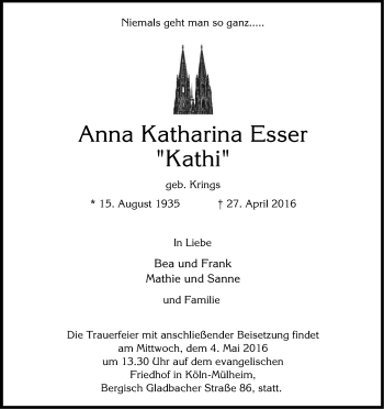 Anzeige von Anna Katharina Esser von Kölner Stadt-Anzeiger / Kölnische Rundschau / Express