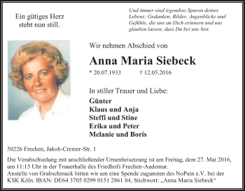Anzeige von Anna Maria Siebeck von  Sonntags-Post 