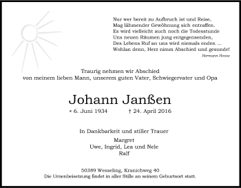 Anzeige von Johann Janßen von Kölner Stadt-Anzeiger / Kölnische Rundschau / Express