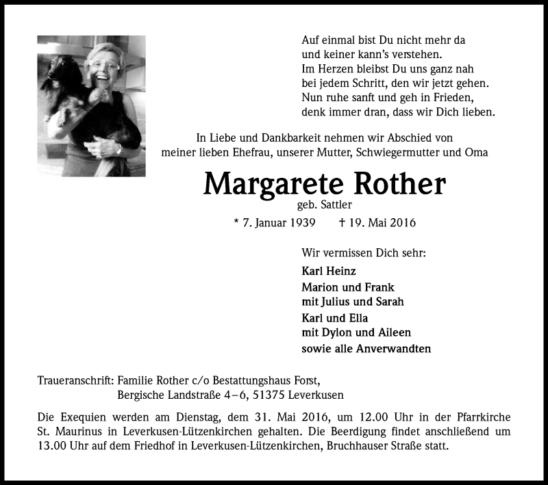  Traueranzeige für Margarete Rother vom 25.05.2016 aus Kölner Stadt-Anzeiger / Kölnische Rundschau / Express