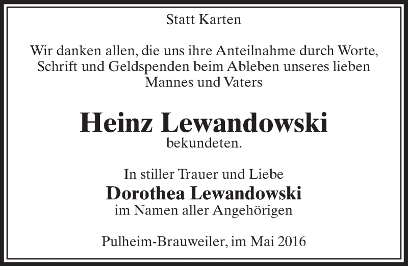  Traueranzeige für Heinz Lewandowski vom 28.05.2016 aus  Sonntags-Post 