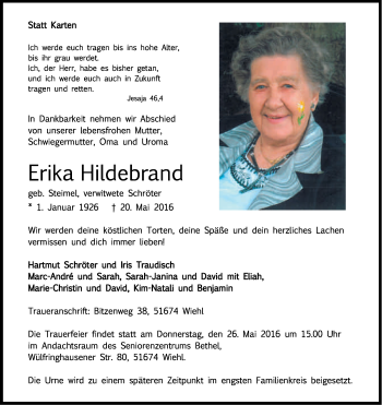 Anzeige von Erika Hildebrand von Kölner Stadt-Anzeiger / Kölnische Rundschau / Express