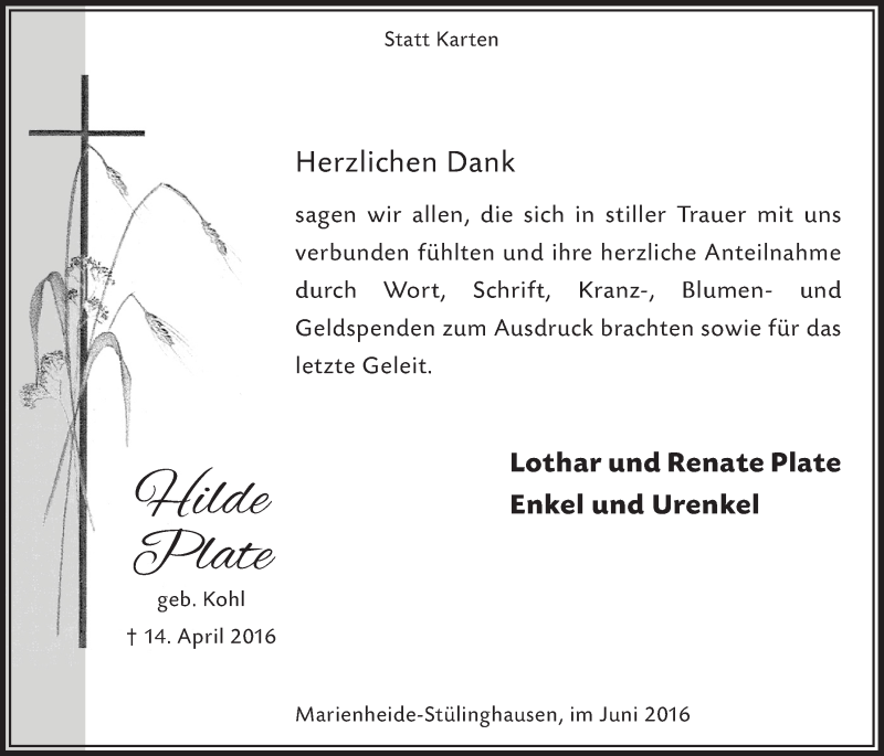  Traueranzeige für Hilde Plate vom 01.06.2016 aus  Anzeigen Echo 