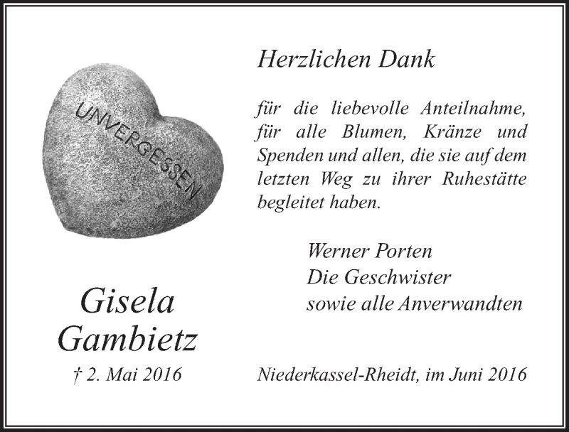  Traueranzeige für Gisela Gambietz vom 01.06.2016 aus  Kölner Wochenspiegel  Extra Blatt 