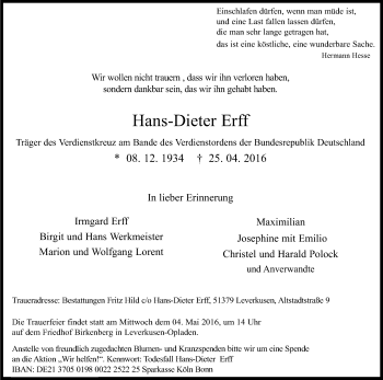 Anzeige von Hans-Dieter Erff von Kölner Stadt-Anzeiger / Kölnische Rundschau / Express