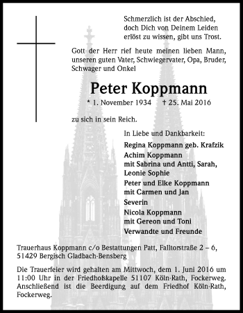 Anzeige von Peter Koppmann von Kölner Stadt-Anzeiger / Kölnische Rundschau / Express