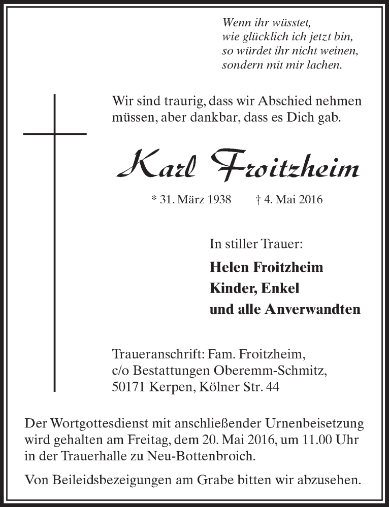  Traueranzeige für Karl Froitzheim vom 14.05.2016 aus  Sonntags-Post 