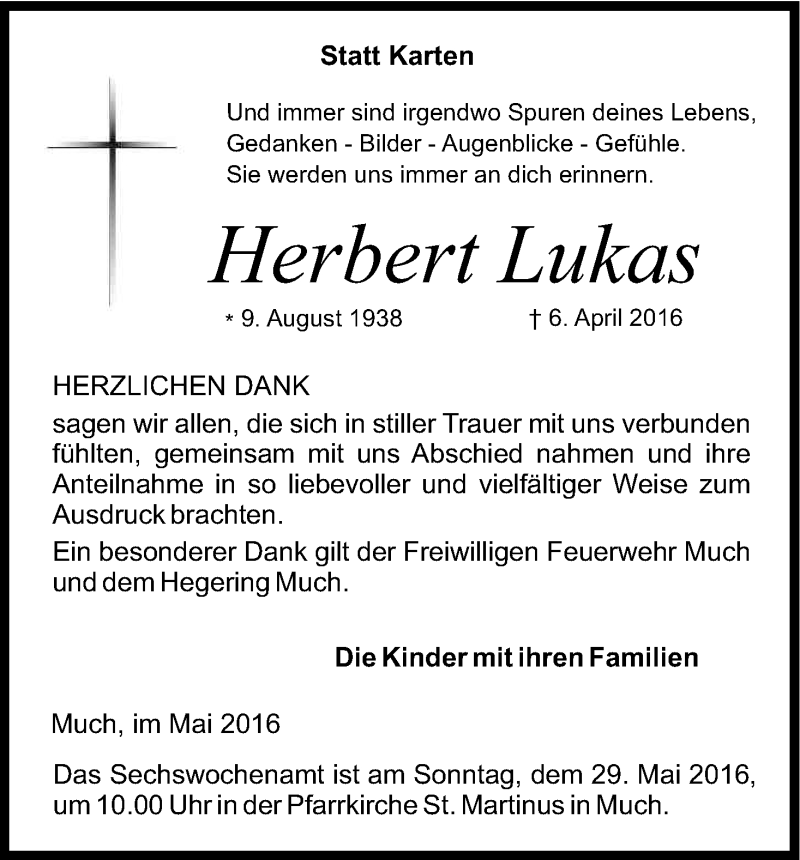  Traueranzeige für Herbert Lukas vom 14.05.2016 aus Kölner Stadt-Anzeiger / Kölnische Rundschau / Express