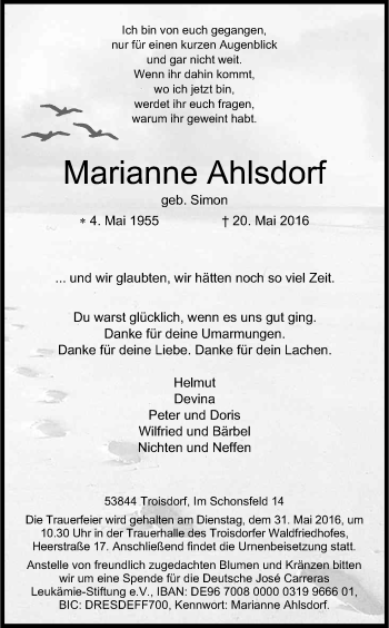Anzeige von Marianne Ahlsdorf von Kölner Stadt-Anzeiger / Kölnische Rundschau / Express