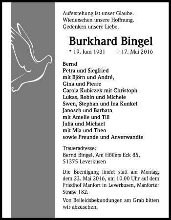 Anzeige von Burkhard Bingel von Kölner Stadt-Anzeiger / Kölnische Rundschau / Express