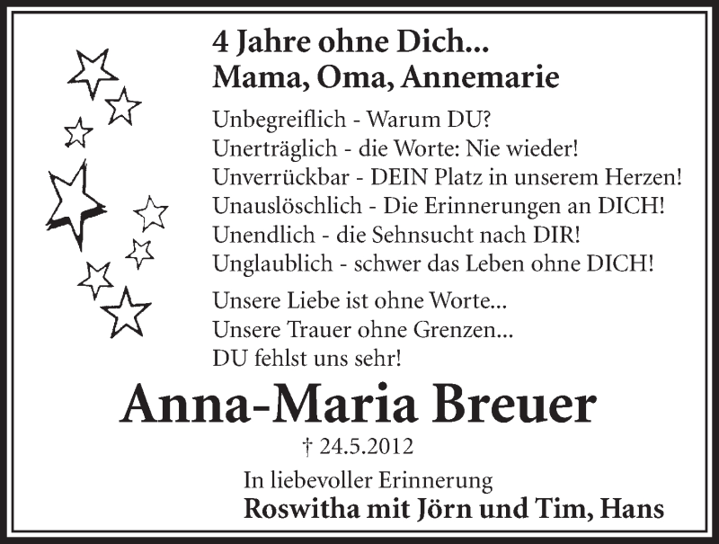  Traueranzeige für Anna-Maria Breuer vom 25.05.2016 aus  Schlossbote/Werbekurier 