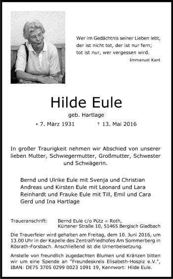 Anzeige von Hilde Eule von Kölner Stadt-Anzeiger / Kölnische Rundschau / Express