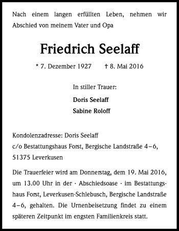 Anzeige von Friedrich Seelaff von Kölner Stadt-Anzeiger / Kölnische Rundschau / Express
