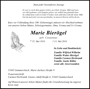 Anzeige von Marie Bierögel von Kölner Stadt-Anzeiger / Kölnische Rundschau / Express