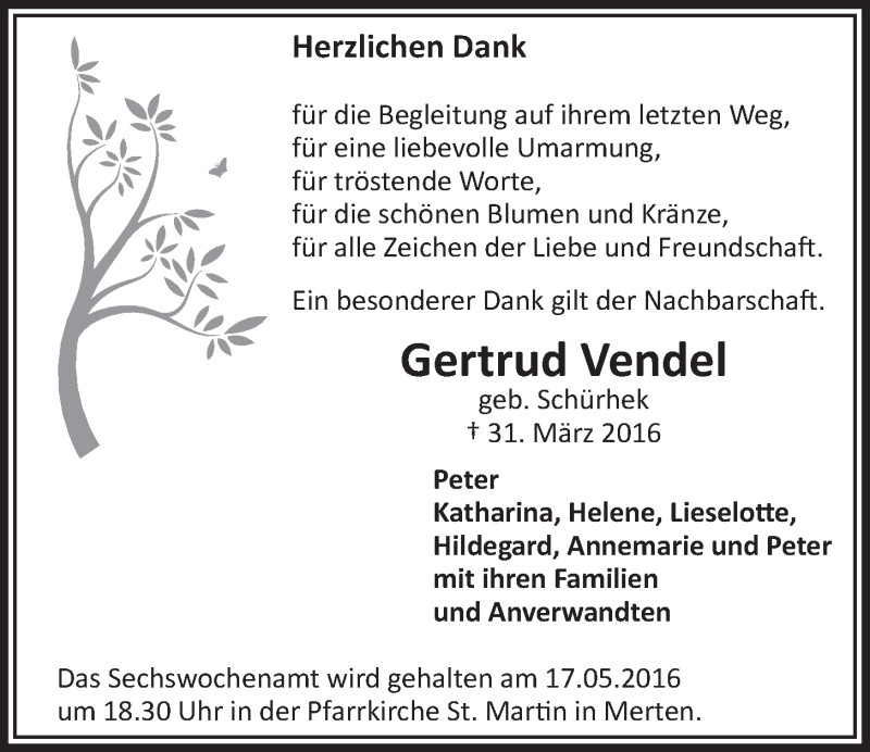  Traueranzeige für Gertrud Vendel vom 11.05.2016 aus  Schaufenster/Blickpunkt  Schlossbote/Werbekurier 