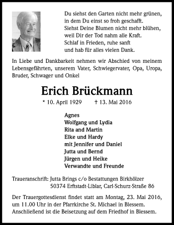 Anzeige von Erich Brückmann von Kölner Stadt-Anzeiger / Kölnische Rundschau / Express