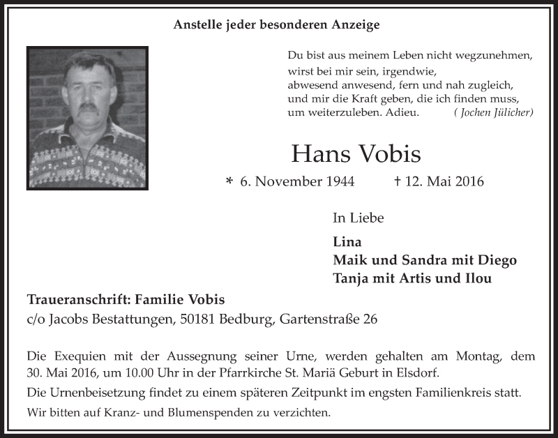  Traueranzeige für Hans Vobis vom 25.05.2016 aus  Werbepost 