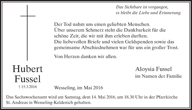  Traueranzeige für Hubert Fussel vom 11.05.2016 aus  Schlossbote/Werbekurier 