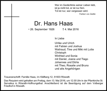 Anzeige von Hans Haas von Kölner Stadt-Anzeiger / Kölnische Rundschau / Express