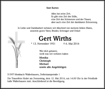 Anzeige von Gert Wirths von Kölner Stadt-Anzeiger / Kölnische Rundschau / Express