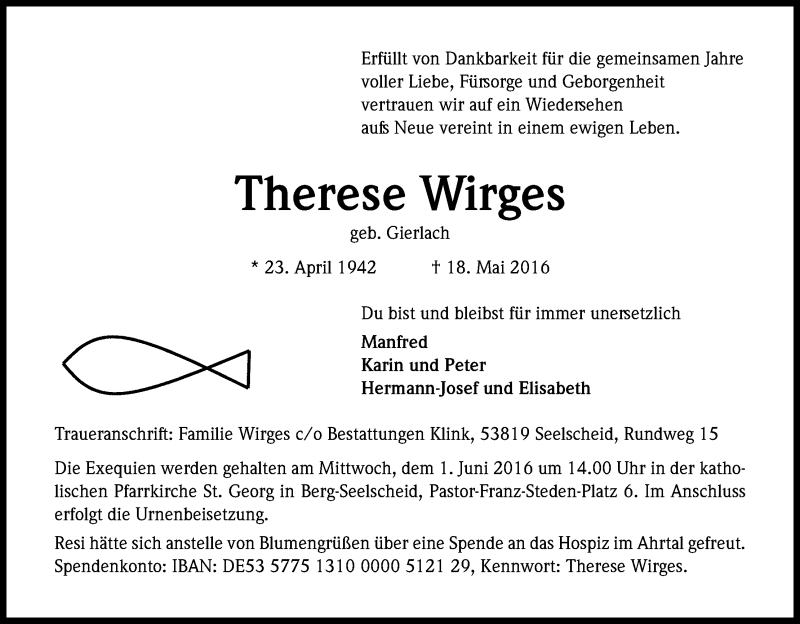  Traueranzeige für Therese Wirges vom 26.05.2016 aus Kölner Stadt-Anzeiger / Kölnische Rundschau / Express
