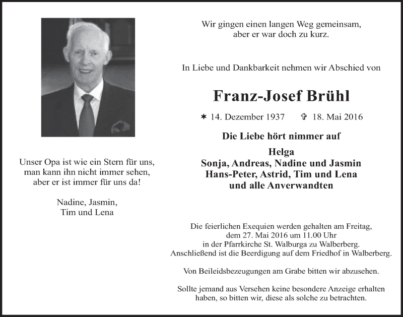  Traueranzeige für Franz-Josef Brühl vom 25.05.2016 aus  Schlossbote/Werbekurier 