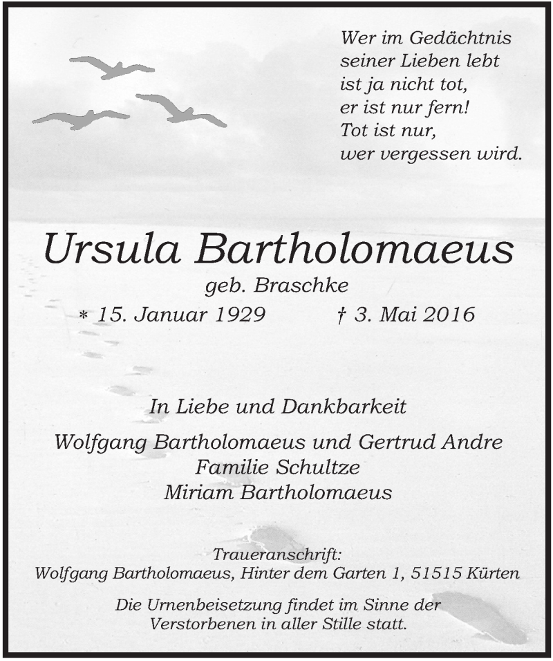  Traueranzeige für Ursula Bartholomaeus vom 11.05.2016 aus  Extra Blatt 