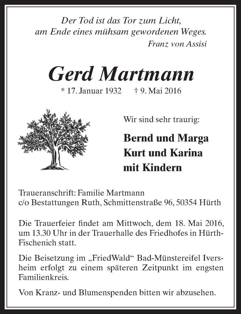  Traueranzeige für Gerd Martmann vom 18.05.2016 aus  Wochenende 
