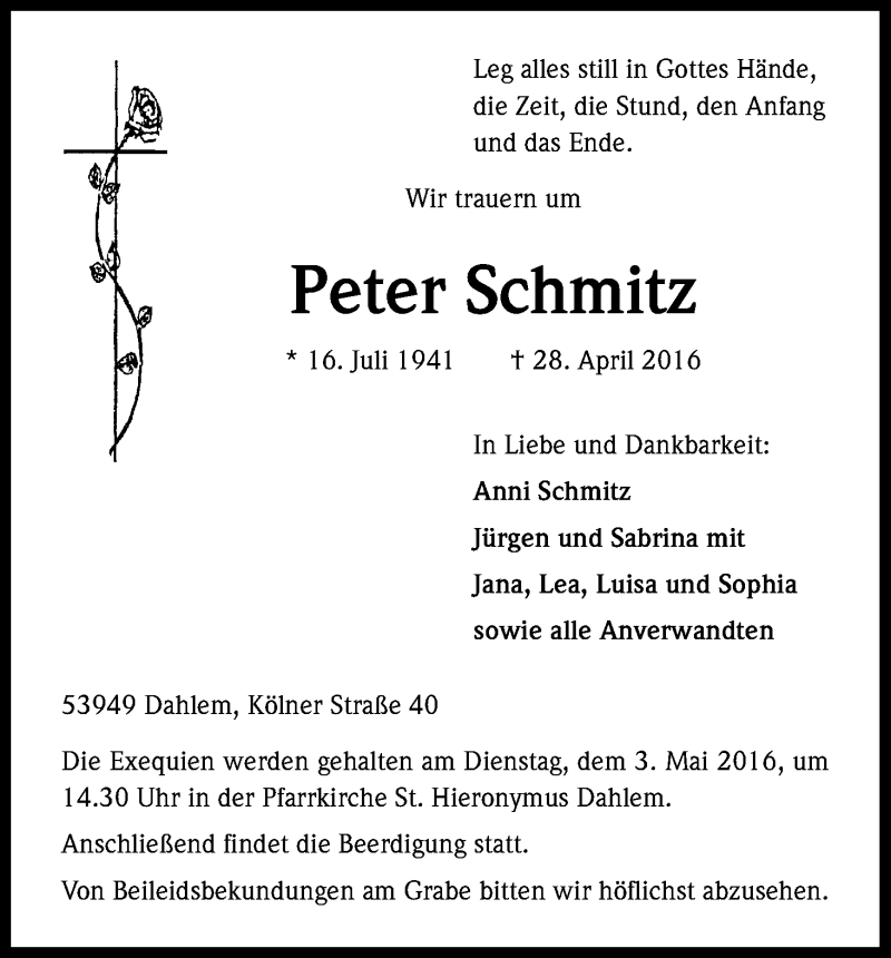  Traueranzeige für Peter Schmitz vom 02.05.2016 aus Kölner Stadt-Anzeiger / Kölnische Rundschau / Express
