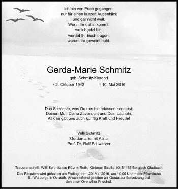 Anzeige von Gerda-Marie Schmitz von Kölner Stadt-Anzeiger / Kölnische Rundschau / Express
