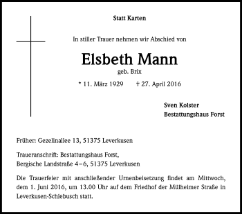 Anzeige von Elsbeth Mann von Kölner Stadt-Anzeiger / Kölnische Rundschau / Express