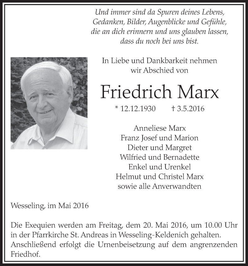  Traueranzeige für Friedrich Marx vom 18.05.2016 aus  Schlossbote/Werbekurier 