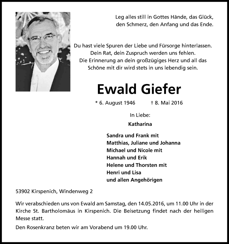  Traueranzeige für Ewald Giefer vom 11.05.2016 aus Kölner Stadt-Anzeiger / Kölnische Rundschau / Express