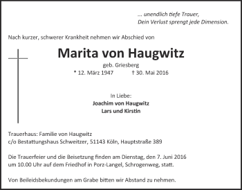 Anzeige von Marita von Haugwitz von  Kölner Wochenspiegel 