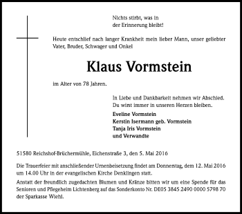 Anzeige von Klaus Vormstein von Kölner Stadt-Anzeiger / Kölnische Rundschau / Express