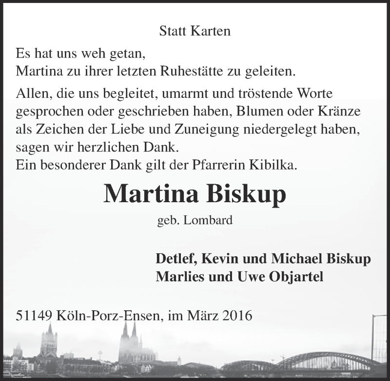  Traueranzeige für Martina Biskup vom 25.05.2016 aus  Kölner Wochenspiegel 