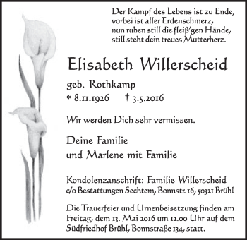 Anzeige von Elisabeth Willerscheid von  Schlossbote/Werbekurier 