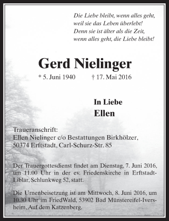 Anzeige von Gerd Nielinger von  Werbepost 