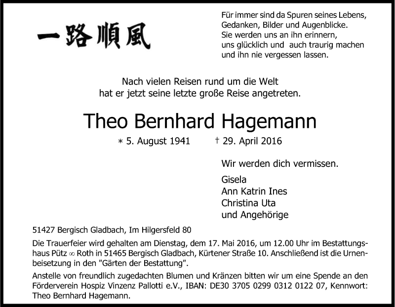  Traueranzeige für Theo Bernhard Hagemann vom 07.05.2016 aus Kölner Stadt-Anzeiger / Kölnische Rundschau / Express