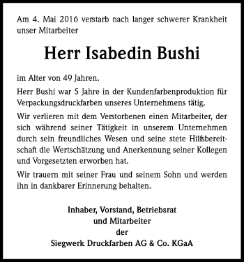 Anzeige von Isabedin Bushi von Kölner Stadt-Anzeiger / Kölnische Rundschau / Express
