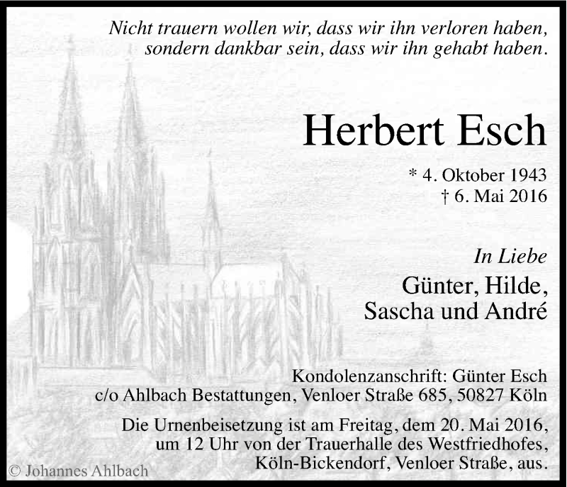  Traueranzeige für Herbert Esch vom 14.05.2016 aus Kölner Stadt-Anzeiger / Kölnische Rundschau / Express