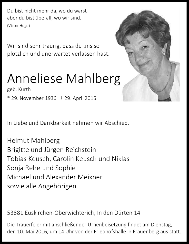  Traueranzeige für Anneliese Mahlberg vom 07.05.2016 aus Kölner Stadt-Anzeiger / Kölnische Rundschau / Express