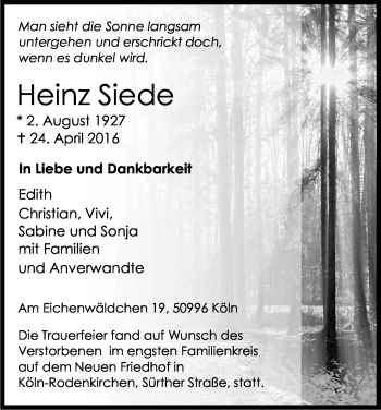 Anzeige von Heinz Siede von Kölner Stadt-Anzeiger / Kölnische Rundschau / Express