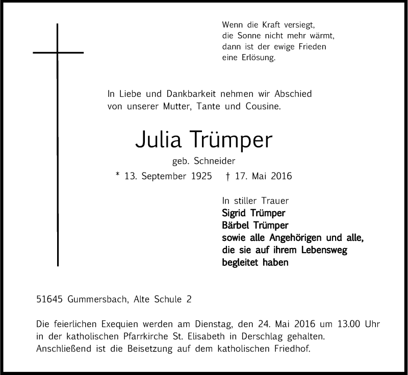  Traueranzeige für Julia Trümper vom 19.05.2016 aus Kölner Stadt-Anzeiger / Kölnische Rundschau / Express